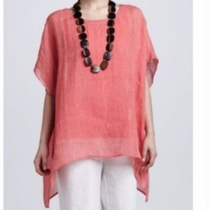 Eileen Fisher Coral Stripe Linen Poncho Tunic